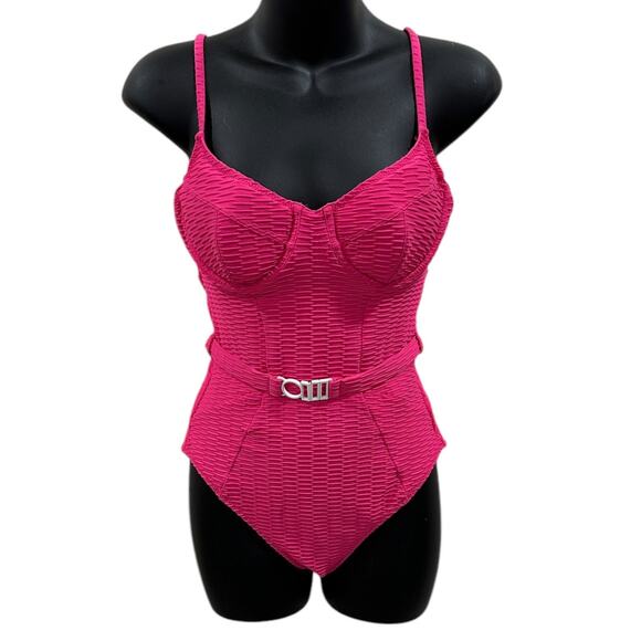 Solid & Striped The Spencer Belted One Piece Swimsuit In Hot Pink - Picture 7 of 7